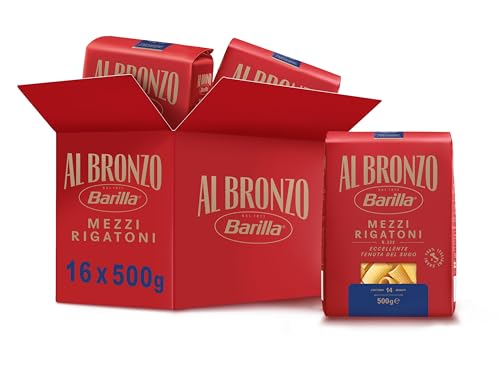 Barilla Pasta Al Bronzo Mezzi Rigatoni 100% Grano Italiano, Pasta trafilata al bronzo con microincisioni, Formato grande e corposo, Eccellente tenuta del sugo, 16 Confezioni da 500 g