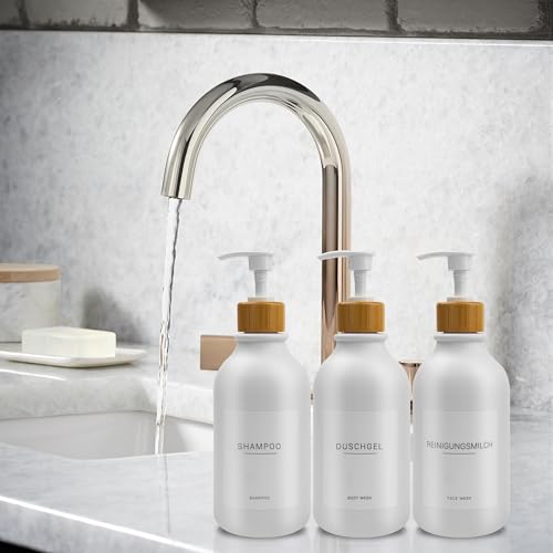 3 Stück 500ml Seifenspender mit 22 Weißen Etiketten Lotionspender aus PET-Kunststoff Leere Flasche Geeignet für Badezimmer(Weiße)