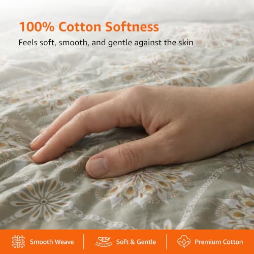 Image of Amazon Basics - 100% Cotton Fitted Bedsheet | 144TC |Fitted Queen Bed Sheet with 2 Pillow Cover|Soft Cotton | Floral Print | 78 Inch x 60 Inch - 8 Inch Drop, Mustard Yellow