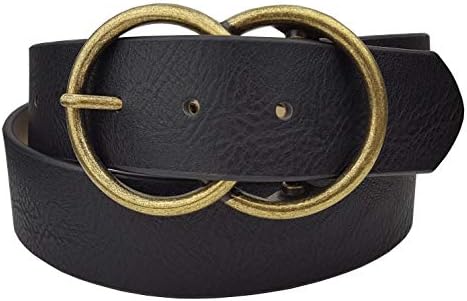 Vegan Leathrette Jean Belt with Double Round Buckle (S, Black/ Brass)