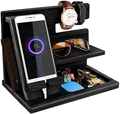Rotating Wood Docking Station Gifts for Men Bedside Organiser for Him Mens Birthday Gifts for Him Watch Wallet Stand for Men Valentines Gifts for Him Grandad Dad Gifts Anniversary Presents for Mens
