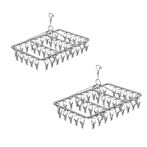 ピンチハンガー 2個パック ステンレス 洗濯物干し ハンガー 30/40/50/60ピンチ 洗濯ハンガー 洗濯ピンチ 回転 フック ペグ 防風 靴下 下着 タオル 靴インソール ベビー服 手袋 ソックスなどの小物対応 ステンレススチールマルチクリップドライ