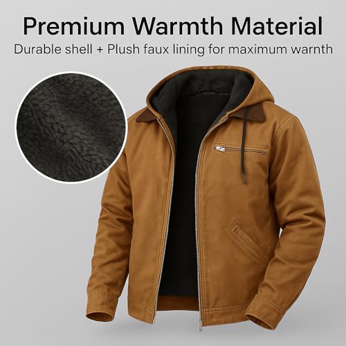 Generisch Wasserdichte, leichte Thermo-Fleecejacke mit Kapuze und Reißverschluss für Herren, ideal für Herbst und Winter, Wandern und Arbeiten im Freien (Camel,M)