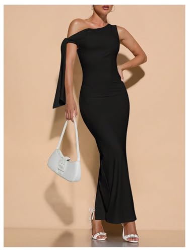 Image of SOLY HUX Women's Off The Shoudler Bodycon Maxi Dress Asymmetrical Neck Bow Tie Cocktail Party Long Dresses