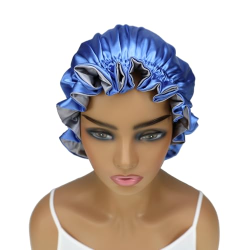 Adjustable Silk Satin Bonnet Hair Care Caps for Women Girls Loose-fitting Reversible Sleeping Cap Shower Caps Hair Wrap Bonnets (006 Royal/Silver)