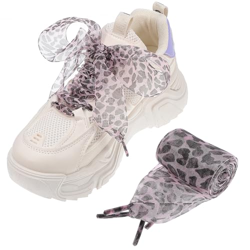 DEARMAMY 2Pcs Leopard Shoe Laces, Wide 4CM Flat Shoelaces Soft Silk Satin Ribbon Shoelaces Sports Shoes Casual Shoes Replacement laces Fashion Shoe Decors for Adults Kids Length 130cm (Pink)