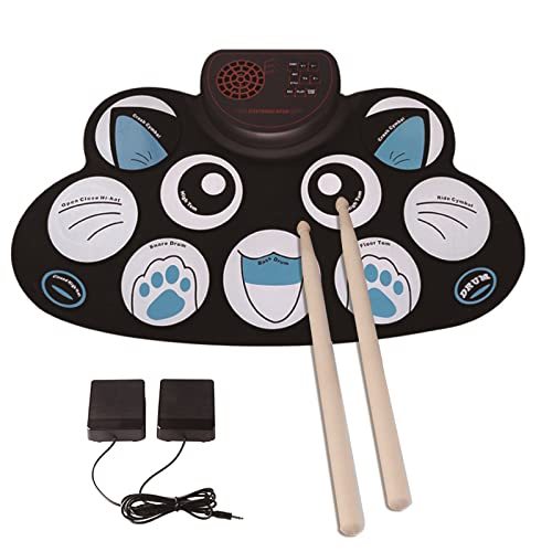 HBD XY Bärbar elektrisk trumma set för barn trumset digital 9 kuddar upprullning integrerad högtalare leksakstrumma med kulstång, fotpedaler, trumma-set för barn eller nybörjare