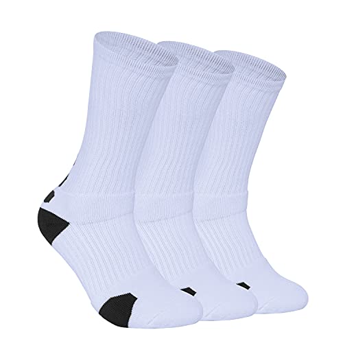 Dingcooler Basketball Socks for Men & Boys, Cushioned Athletic Sports Crew Socks for Youth Adult, 3 Pairs 902 White