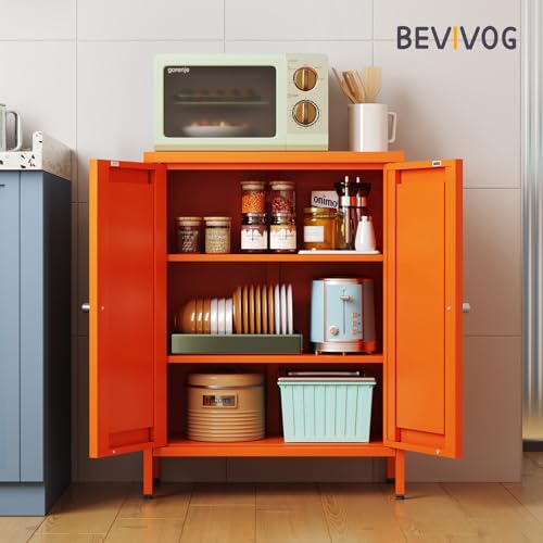 Image of Bevivog Orange Metal Locker Cabinet with 2 Doors and 2 Adjustable Shelves, Small Accent Cabinet Bathroom Floor Storage Cabinets Short Sideboard for Entryway, Living Room, Hallway