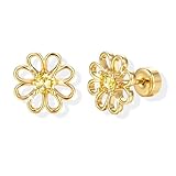 LOLIAS Soild 925 Sterling Silver Post Stud Earrings for Women Girls-Hypoallergenic Flat Back Earring 14K Gold Plated Toddler Surgical Steel Earring Small Flower Bow Cute Screw Back Earrings CZ Flower Gold