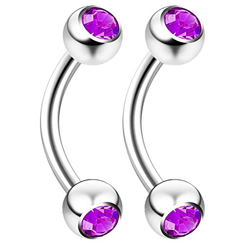 2pc 16g 6mm 1/4 Curved Barbell Ring Piercing Jewelry Rook Cartilage Tragus Daith Eyebrow Nipple 3mm Crystal 16 Gauge - Amethyst