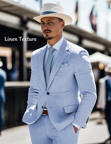 Men's Slim Fit 2 Piece Suit Lightweight Two Button Linen Texture Jacket Wedding Suits Set4
