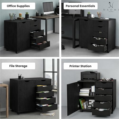 Image of Naomi Home Under Desk Rolling Office File Cabinet with 5 Drawers & Side Storage Cabinet, Mobile Organizer with Shelves & Swivel Casters for Home Office - Distressed Black