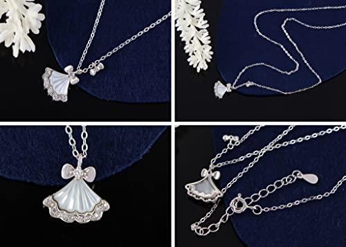 Image of Alilang Sparkling Crystal Rhinestone Seashell Skirt Necklace - 925 Sterling Silver Fan Pendant Necklaces For Women With Bow