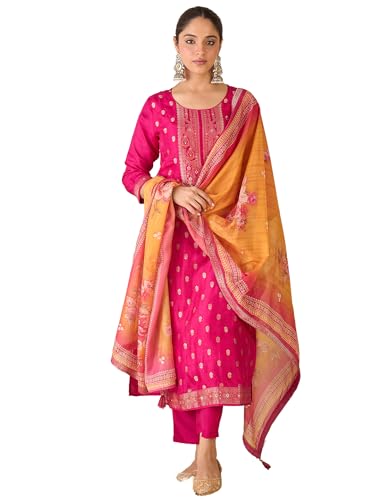 Image of INDO ERA Women's Straight Silk Blend Ethnic Motifs Printed Kurta & Pant With Dupatta Set (IESTR10385)