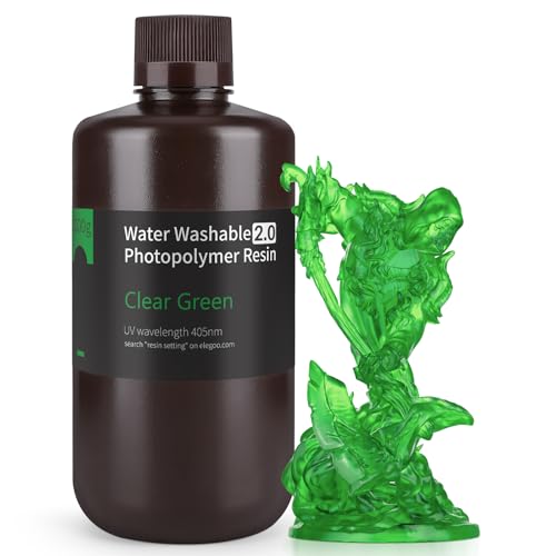 ELEGOO Upgraded Water Washable 3D Printer Resin 2.0, 405nm UV-Curing 3D Resin with Lower Shrinkage and Higher Precision for LCD 3D Printing Clear Green 1000g