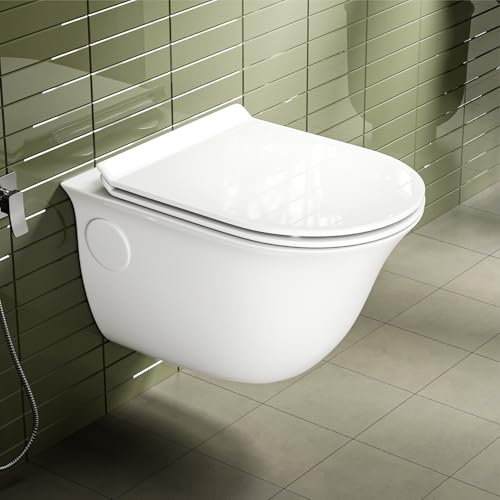 Image of LAPO P Trap Wall Hung Toilet, Ceramic Rimless Commode, Wall Hung Western Toilet With Soft Closing Toilet Seat (White, 20x14x15 Inch)-MRR