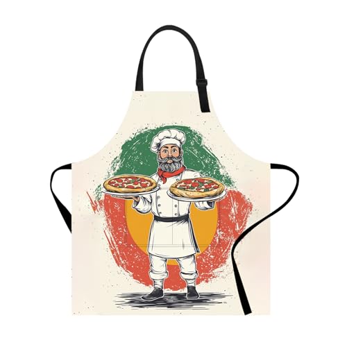 THISFIND Italian Chef Pizza Apron with Pockets – Funny Cartoon Cook Holding Pizzas, Adjustable Bib Apron for Men, Kitchen Cooking, BBQ, Italian Restaurant Gift