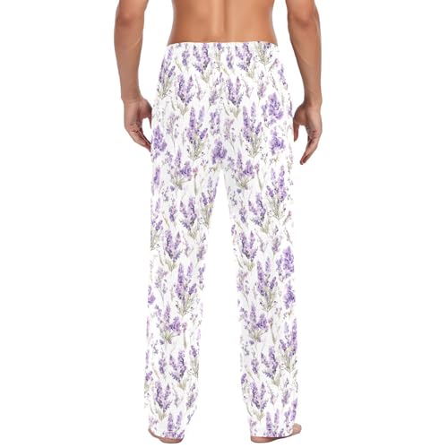 Men's Lavender Flowers Pajama Pants with Pockets - Straight Fit Cotton Sleep Bottoms for Lounge & Nightwear#3463