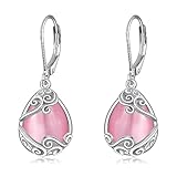 Pink Opal Drop Earrings 925 Sterling Silver Filigree Teardrop Dangle Earrings Leverback Jewellery Gifts for Women Girl (K-Pink opal teardrop earrings)