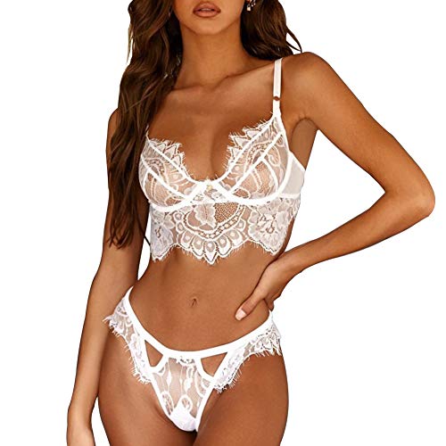 mini kitty Femme Ensemble de Lingerie Sexy Dentelle Brassière Sexy Jarretelles 2 pièces Soutiens-Gorge à Broder à Pousser vers Le Haut pour Les et G-String Culotte Babydoll (Blanc, L) Cover