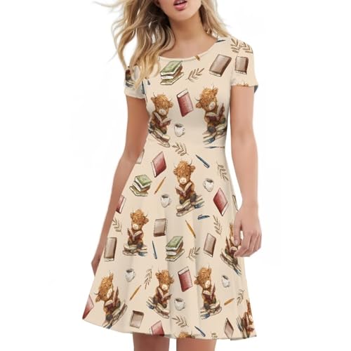 Image of POLERO Sunflower Dress for Women Floral Summer Dresses Short Sleeve Casual Sundresses Midi Dresses