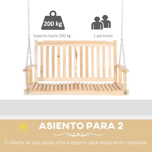 Outsunny Banco Columpio de Madera de 2 Plazas Banco Balancín Colgante con Reposabrazos Cadenas Ajustables y Diseño Listones Carga 200 kg para Jardín Terraza Balcón 117x69x60 cm Natural - imagen 4