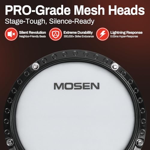 MOSEN Electric Drum Set, Quiet Mesh Drum Pads, Dual-Zone Snare, 195+ Sounds, Phone Holder, Sticks, Headphones, USB MIDI, 2 Pedals, 25 Electronic Drums Kit for Beginner, MED-X3S by MOSEN MUSIC - Image 3
