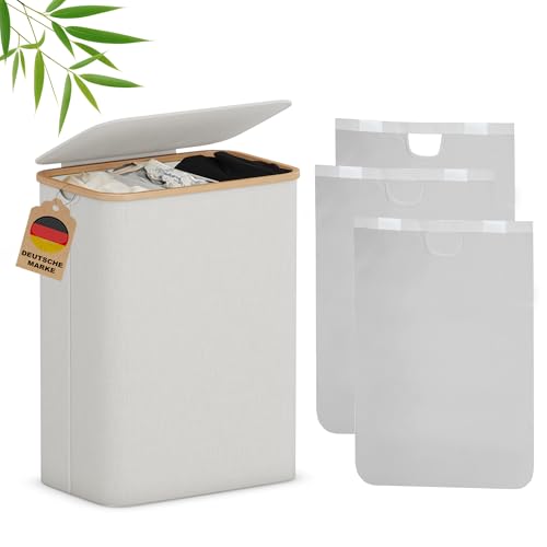 AdelDream 160L Wäschekorb mit Deckel 3 Fächer Wäschekorb Wäschesack schmal Wäschesortierer Wäschebox Wäschetonne Wäschesammler mit Deckel Wäschetruhe Wäschekörbe laundry baskets Beige