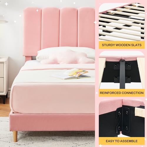 GarveeHome Twin Bed Frame, Velvet Upholstered Platform Bed with Wave Headboard for Girls/Kids, Easy Assembly, Wooden Slats Support, No Box Spring Needed, Pink