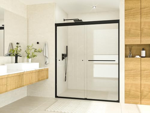 Keonjinn 57\" - 60\" W x 72\" H Semi-Frameless Double Sliding Shower Door, Black Glass Shower Doors with 1/4\'\' Clear Tempered Glass, Bathroom Walk in Shower Door with Aluminum Handle, Reversible Mount