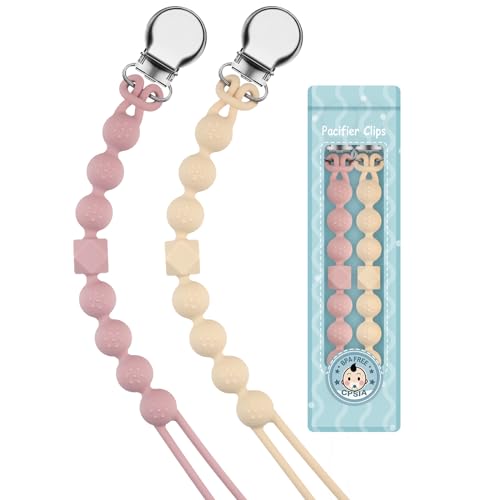 Yolnkos Cadenas Chupetes Silicona Clips De Chupete Para Bebé Porta Sujetadores Mordedores Chupetero Soothie Clip Sujeta Holder Niños Niñas Diseño de Una Pieza 2pcs(Beige,Rosa)