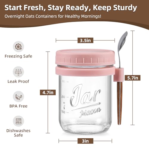 Image of LANDNEOO 4 Pack Overnight Oats Containers with Lids and Spoons, 16 oz Glass Mason Jars with Airtight Lids, Overnight Oats Jars for Milk, Cereal, Fruit-Pink