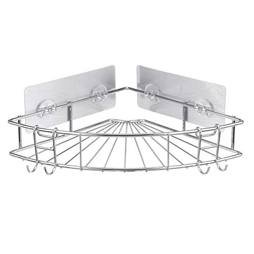 GEMITTO Estanteria Ducha para Baño sin Taladros Rinconera Estantería de Esquina Autoadhesiva Triangular con 3 Pegatinas + 2 Ganchos para Champú, Gel de ducha y Almacenamiento de Especias, Plata Cover