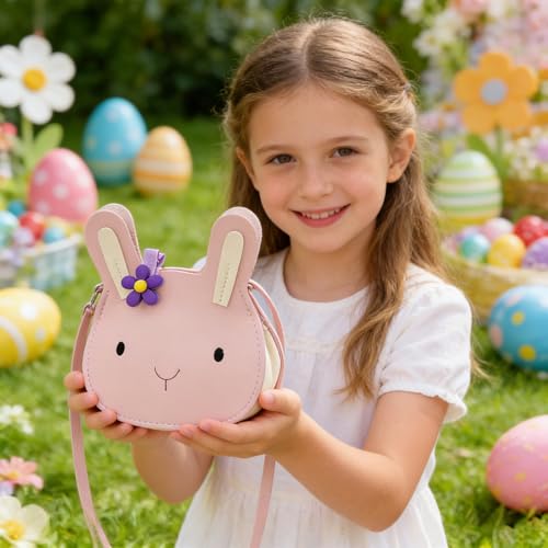 PIujsym Ostergeschenke Kinder Mädchen - Süße Handtasche Hase Rosa PU Leder - Kleine Umhängetasche Mädchen mit Haarspange - Verstellbarer Gurt - Ostern Geschenke Kinder & Accessoires