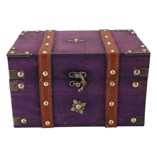 Jwthee Caja de cofre del tesoro vintage, caja decorativa y de almacenamiento de joyas de madera, baúl retro con detalles de cuero y metal para decoración del dormitorio del hogar, (Púrpura)