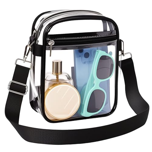 Clear Bag for Stadium Events, Clear Purse with Removable Strap, Messenger Bag for Concert Work Sports and Fetivals, Black Strap