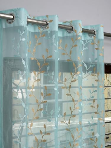 Image of Fabrilia Sheer Tissue Embroidery Curtain for Living Room, Bedroom & Dining Area | Leaf Vine Pattern Net Eyelet Curtain | Aqua with Gold Touch Design | 7 feet Long Set of 2 Curtain