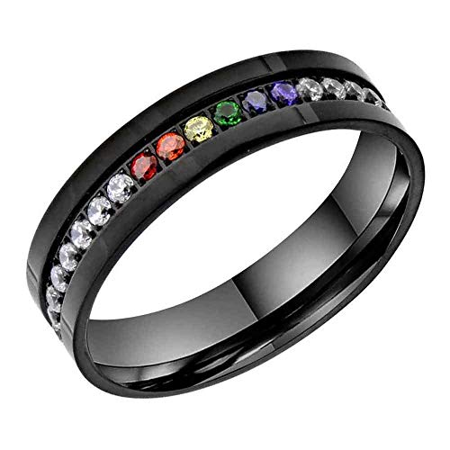 FlameReflection 6mm Black Titanium Gay Lesbian Engagement Ring Wedding Band Rainbow Cubic Zirconia Eternity Band size 8