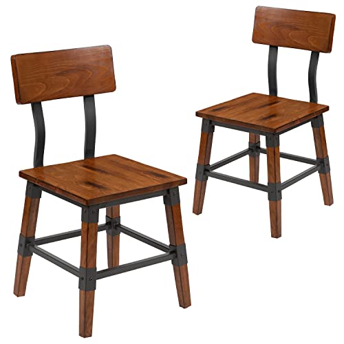 Flash Furniture 2 Pack Rustic Antique Industrial Wood Dining Chair, Alloy Steel Beech, Walnut, Set of 2