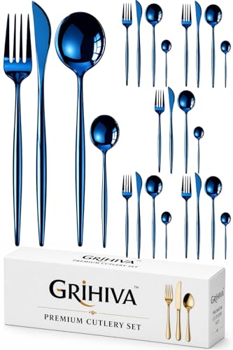 Image of 24 Pcs Blue Slim Handle Stainless Steel Cutlery Set for Dining Table with Spoons and Forks Set + Butterknives - The Perfect Tableware /Flatware
