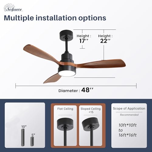 Sofucor 48 Inch Smart Ceiling Fan with Light, Solid Wood Low Profile Ceiling Fans with Lights and Remote, Work with Alexa/Google/App, Quiet DC Motor, 3 Blade Ceiling Fan for Bedroom Living Room Patio by Sofucor - Image 6
