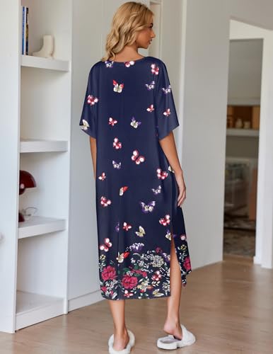 Image of Ekouaer Women's Nightgown Short Sleeve Sleepshirt Long Loungewear Casual Maxi Lounge Dress House Dresses with Pockets