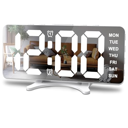 Alarm Clocks for Bedrooms, Slim LED Mirror Digital Alarm Clock, Large Display with Diming Mode, Dual Alarms & USB Ports, 4 Levels Brightness, Desk Clock for Office Home Bedroom Living Room Decor