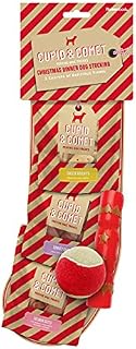 Rosewood Cupid & Comet Christmas Dinner Dog Treat Toy Stocking Gift, 1 x 40g Cheese sticks, 1 x 40g Turkey strips, 1 x 40g salmon bites, 1 x Tennis Ball and 1 x Squeaky Cracker Toy