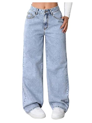 GORGLITTER Girl's Cute Baggy Wide Leg Jeans Elastic High Waisted Denim Pants Bottoms with Pockets