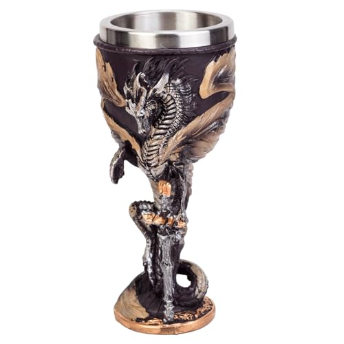 Medieval Flame Dragon Holding Sword Goblet Resin Wine Cup with Stainless Steel Lining Unique Hand-Painted Cup Father's Day Gift (BM030-6)