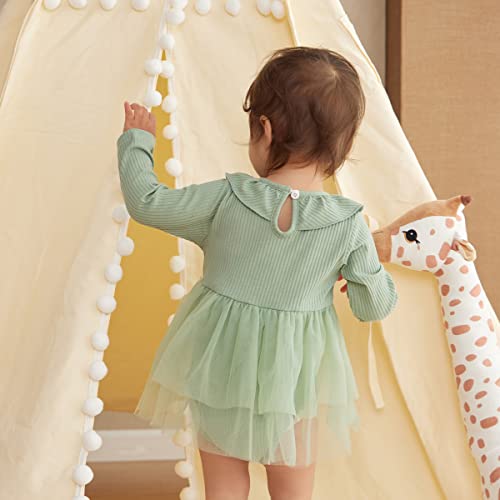 Opawo Newborn Baby Girl Bodysuit Dress Long Sleeve Ribbed Romper Onesies With Tulle Skirt Infant Baby Girl Dresses 0-18 Months(Sage,3-6 Months) #TOP2