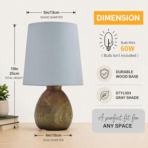 Image of Wooden Bedside Table Lamp with Fabric Shade, Warm Ambient Light, Handmade Mango Wood Base, Rustic Farmhouse Design, Cute Dowel, 15 x 15 x 25 cm (White)