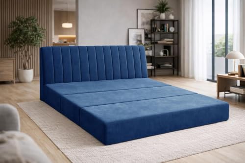 Image of 3-Seater Foldable Floor Sofa Bed with Adjustable Backrest Modern Velvet Fabric Folding Couch for Living Room, Guest Room & Small Spaces - Blue Color